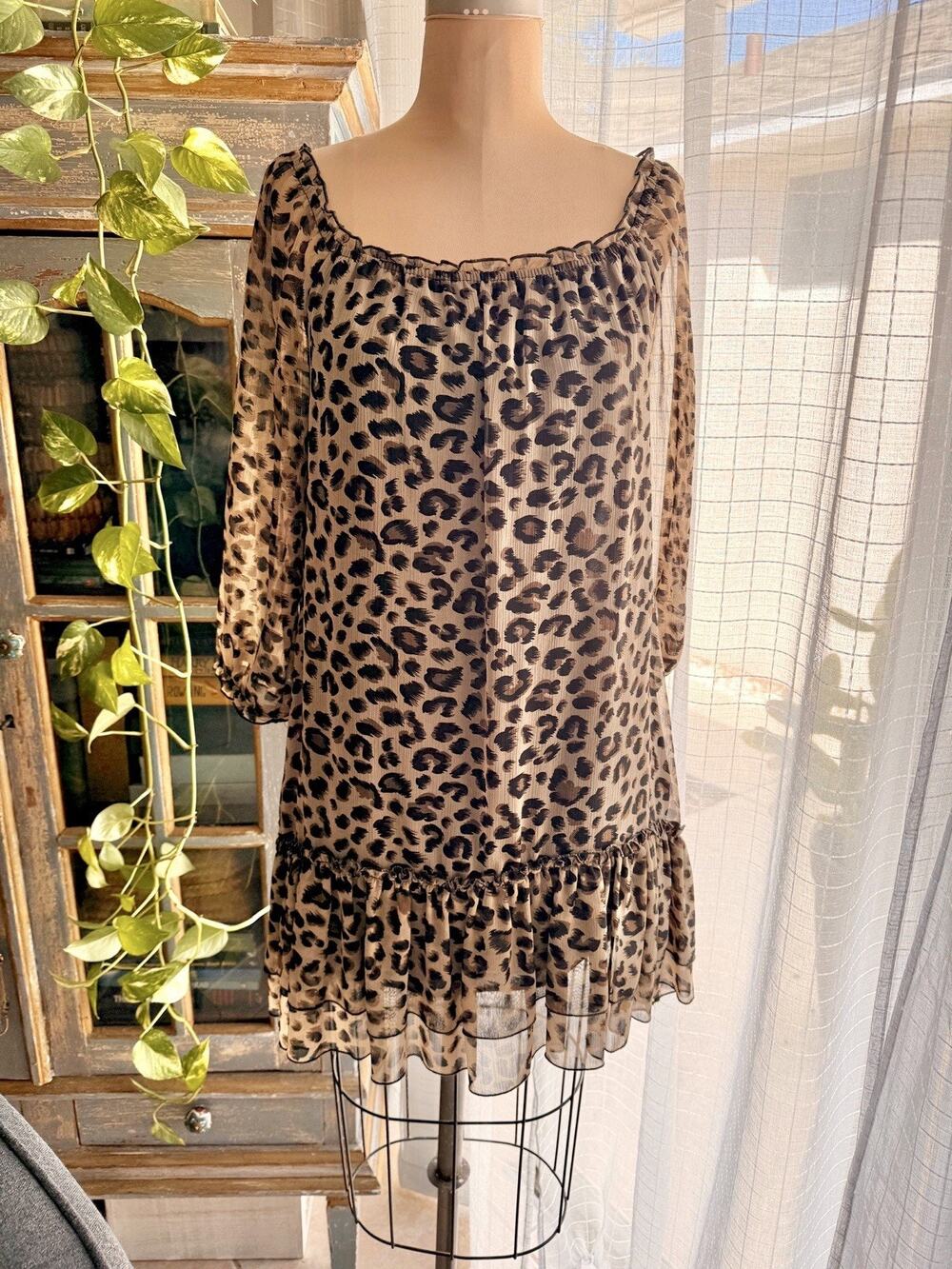 Leopard Tiered Babydoll Ruffle Oversized Mini Dress Size 6 Animal Print Cheetah